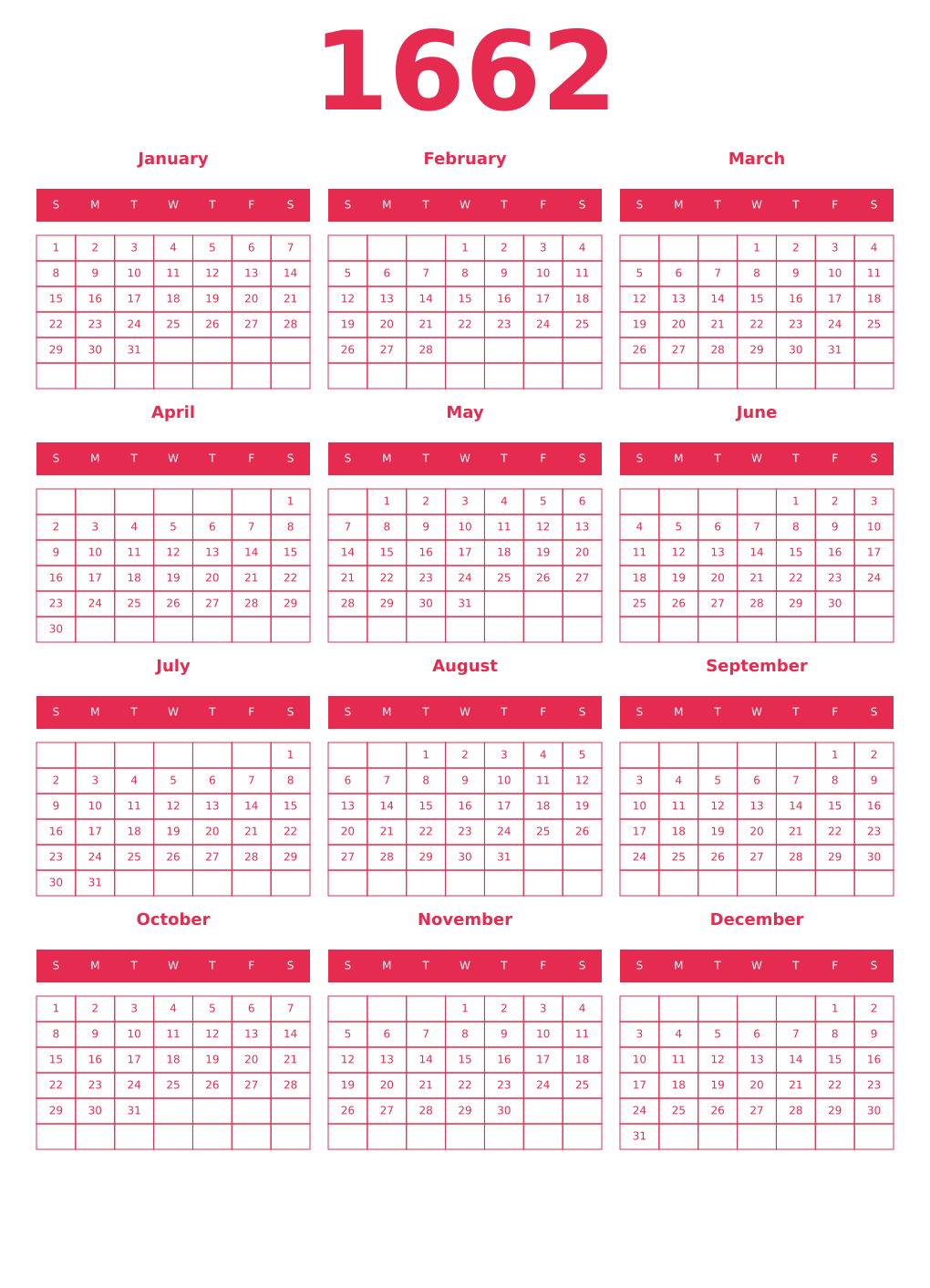 Printable 1662 Year Calendars amaranth