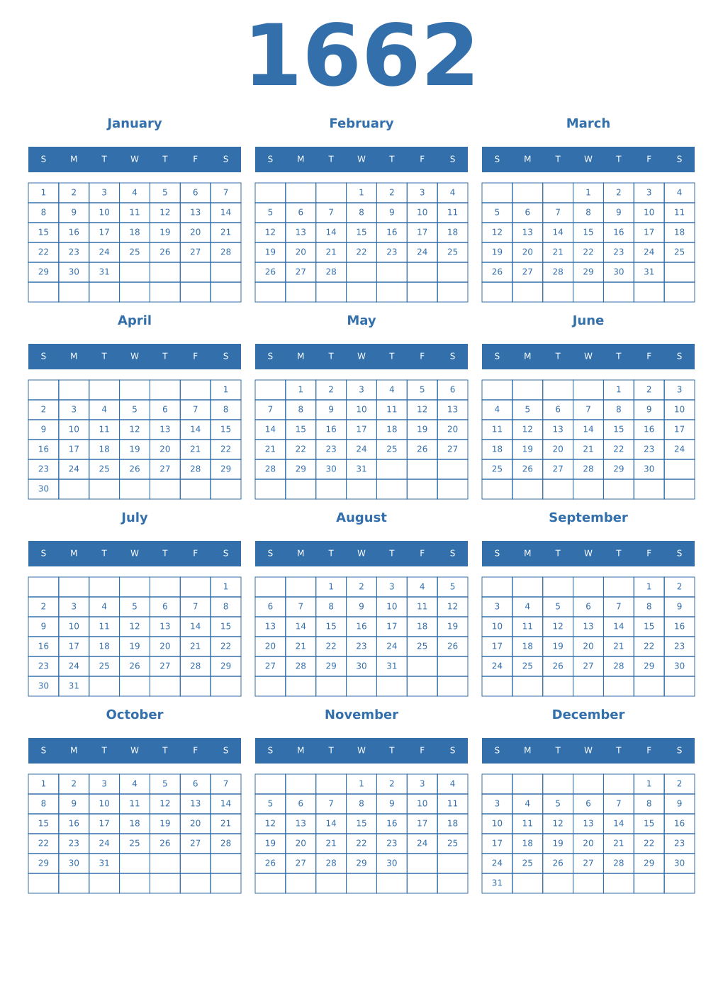 Printable 1662 Year Calendars blue