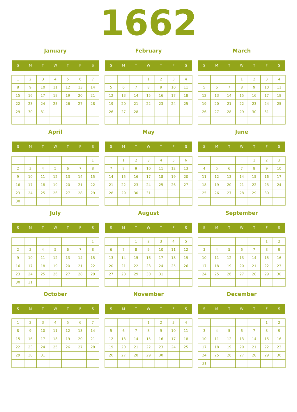 Printable 1662 Year Calendars chartreuse