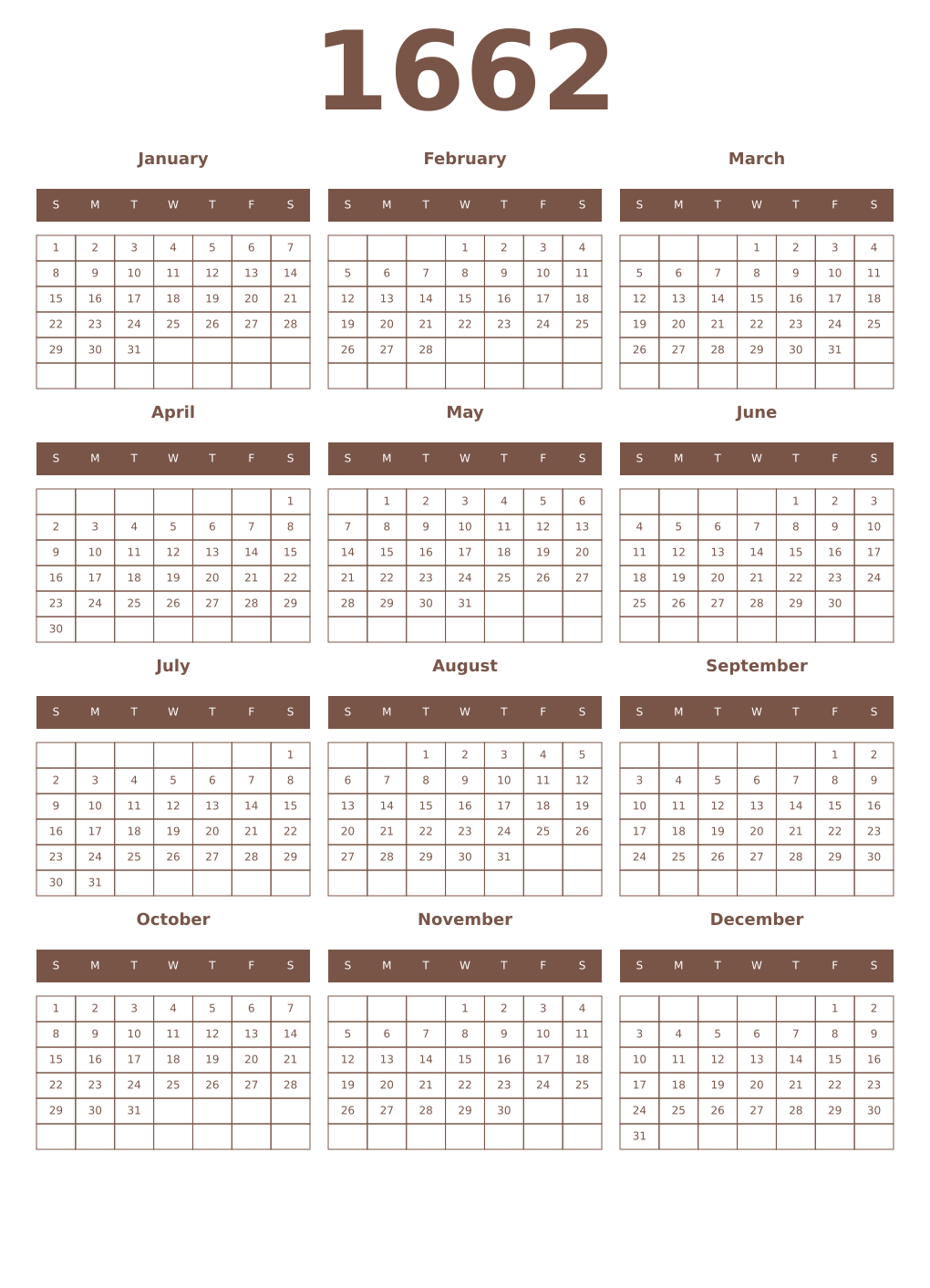Printable 1662 Year Calendars coffe