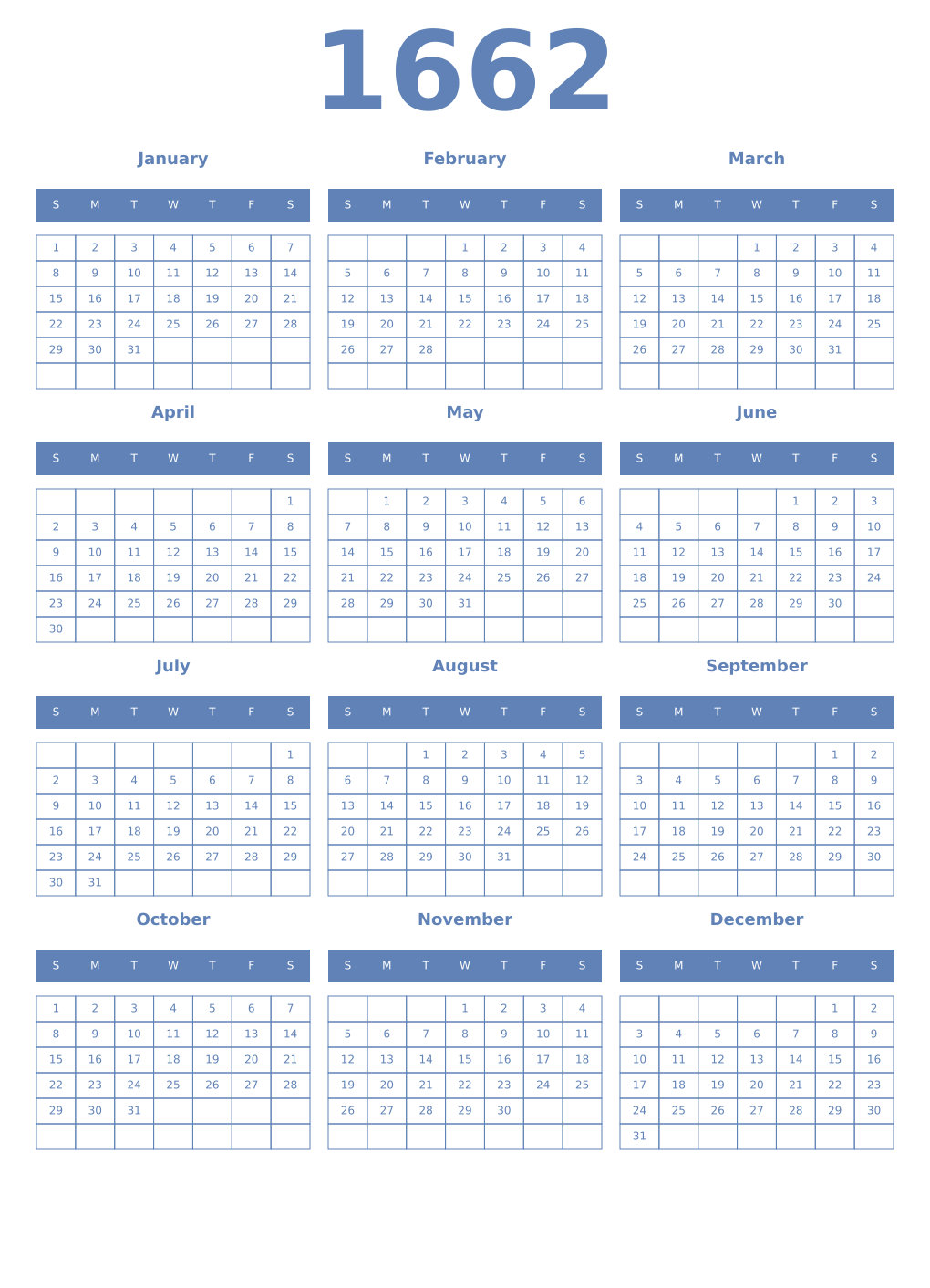 Printable 1662 Year Calendars glaucous