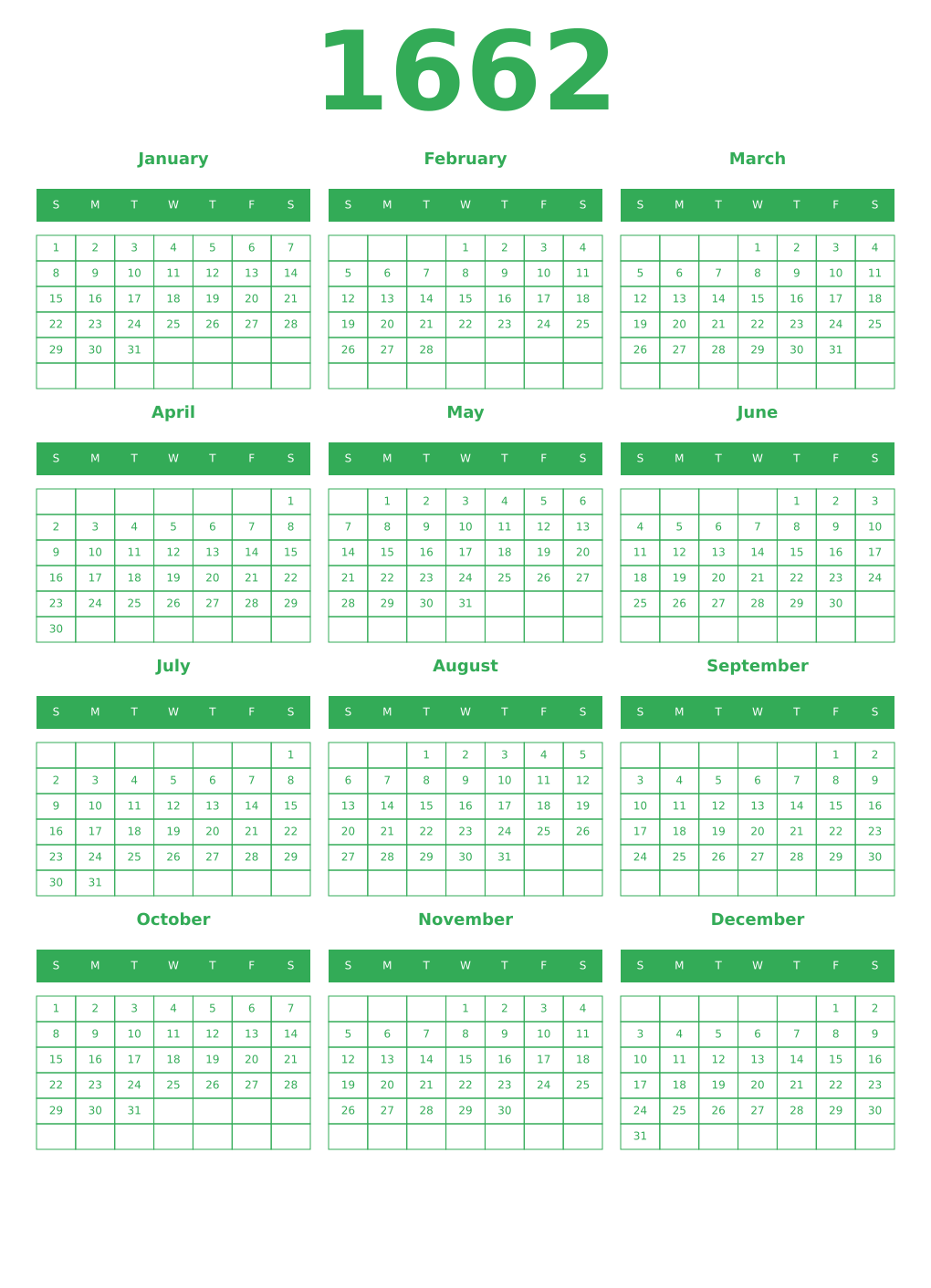 Printable 1662 Year Calendars green