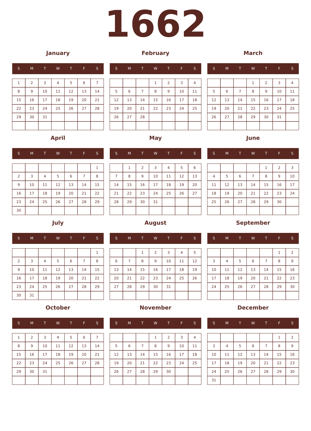 Printable 1662 Year Calendars mortuum