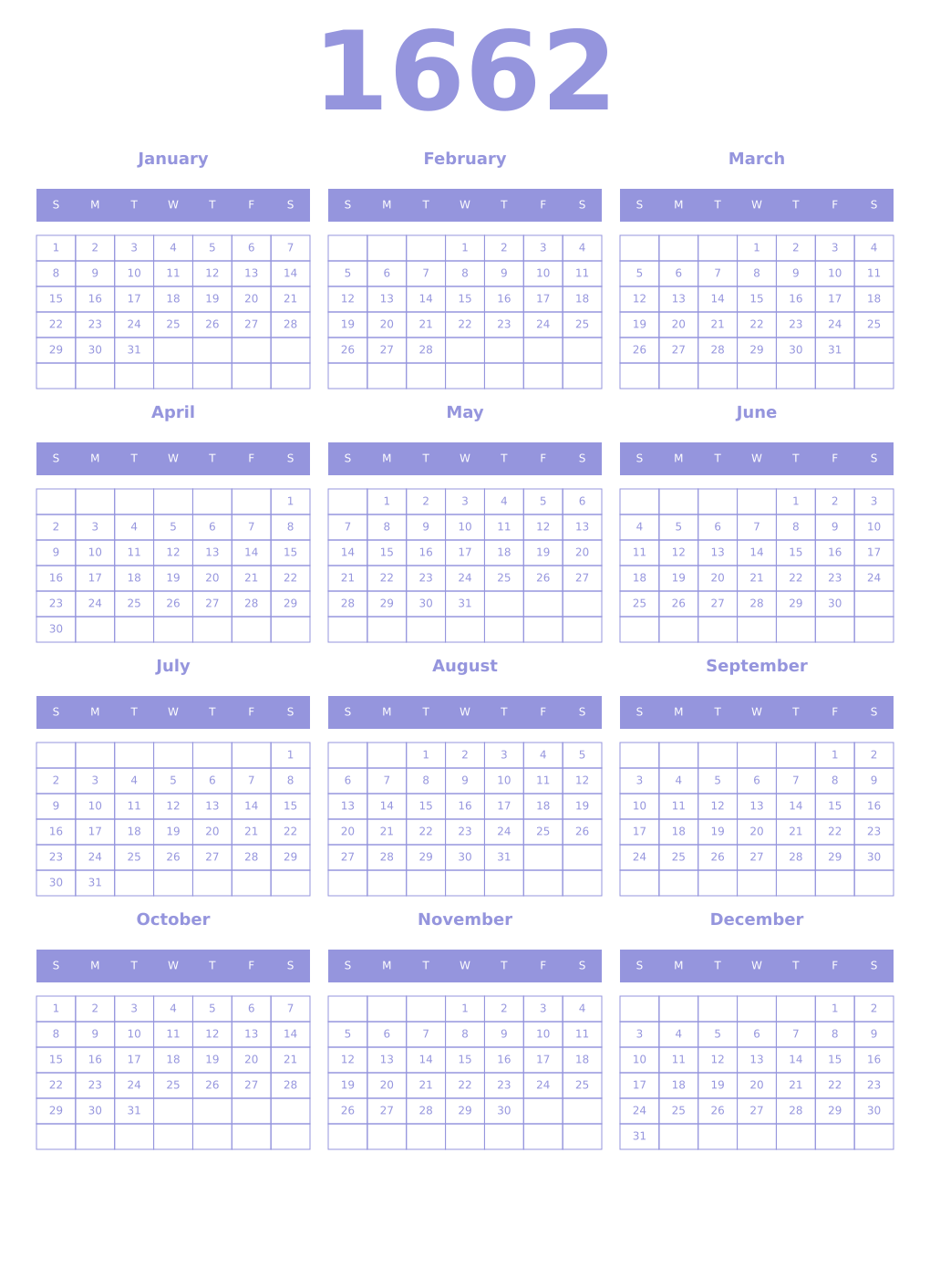 Printable 1662 Year Calendars periwinkle