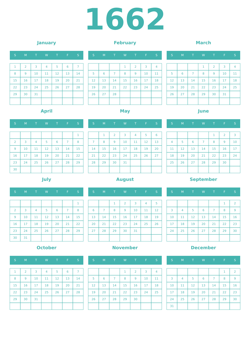 Printable 1662 Year Calendars verdigris