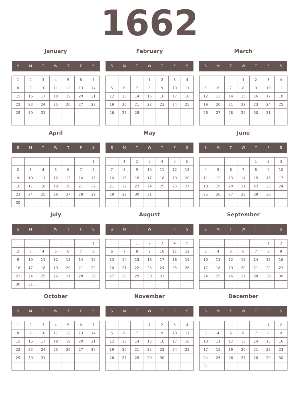 Printable 1662 Year Calendars wenge