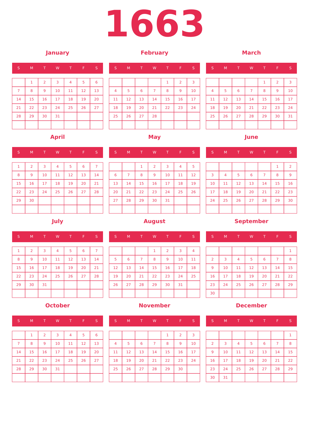 Printable 1663 Year Calendars amaranth
