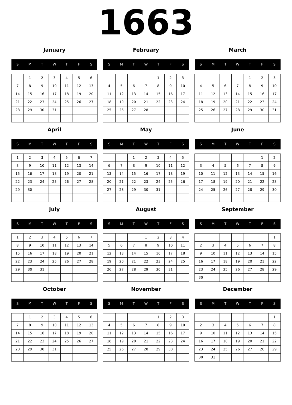 Printable 1663 Year Calendars black