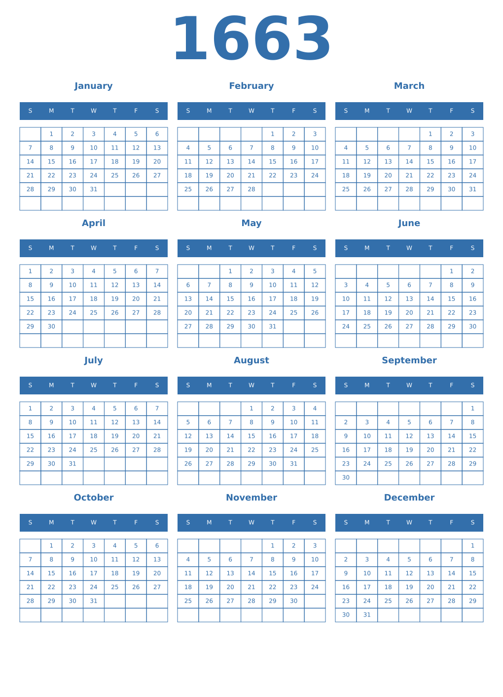 Printable 1663 Year Calendars blue