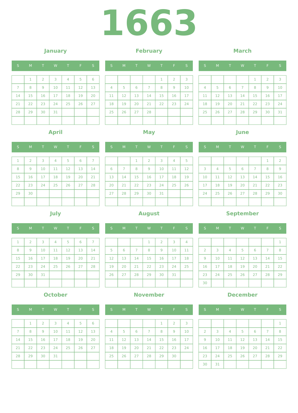 Printable 1663 Year Calendars celadon