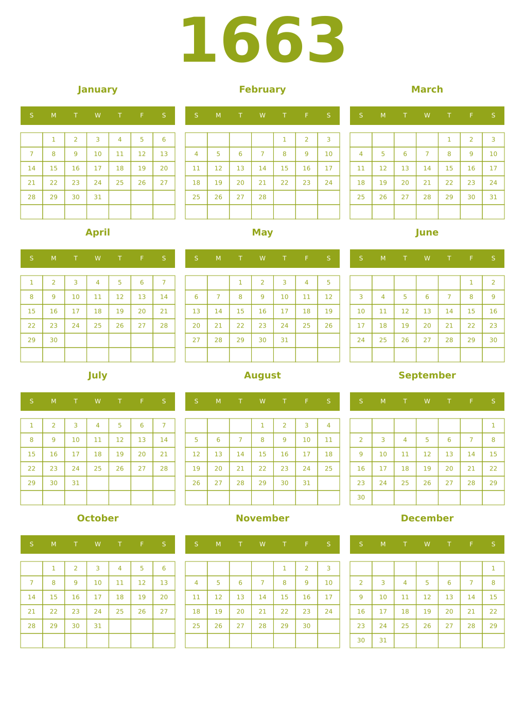 Printable 1663 Year Calendars chartreuse