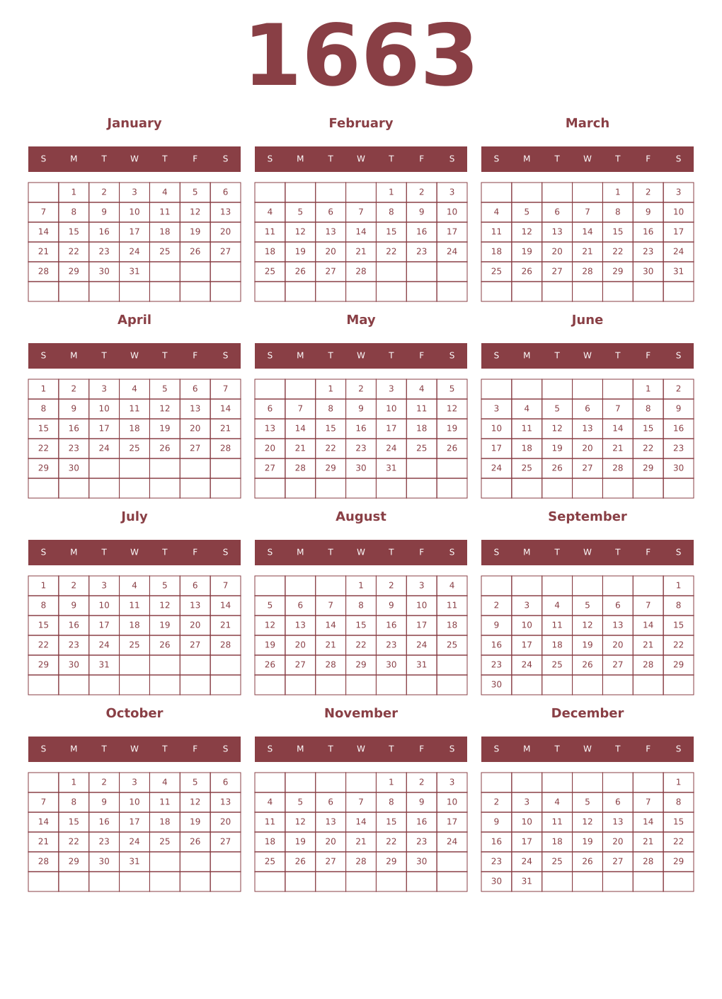 Printable 1663 Year Calendars cordovan