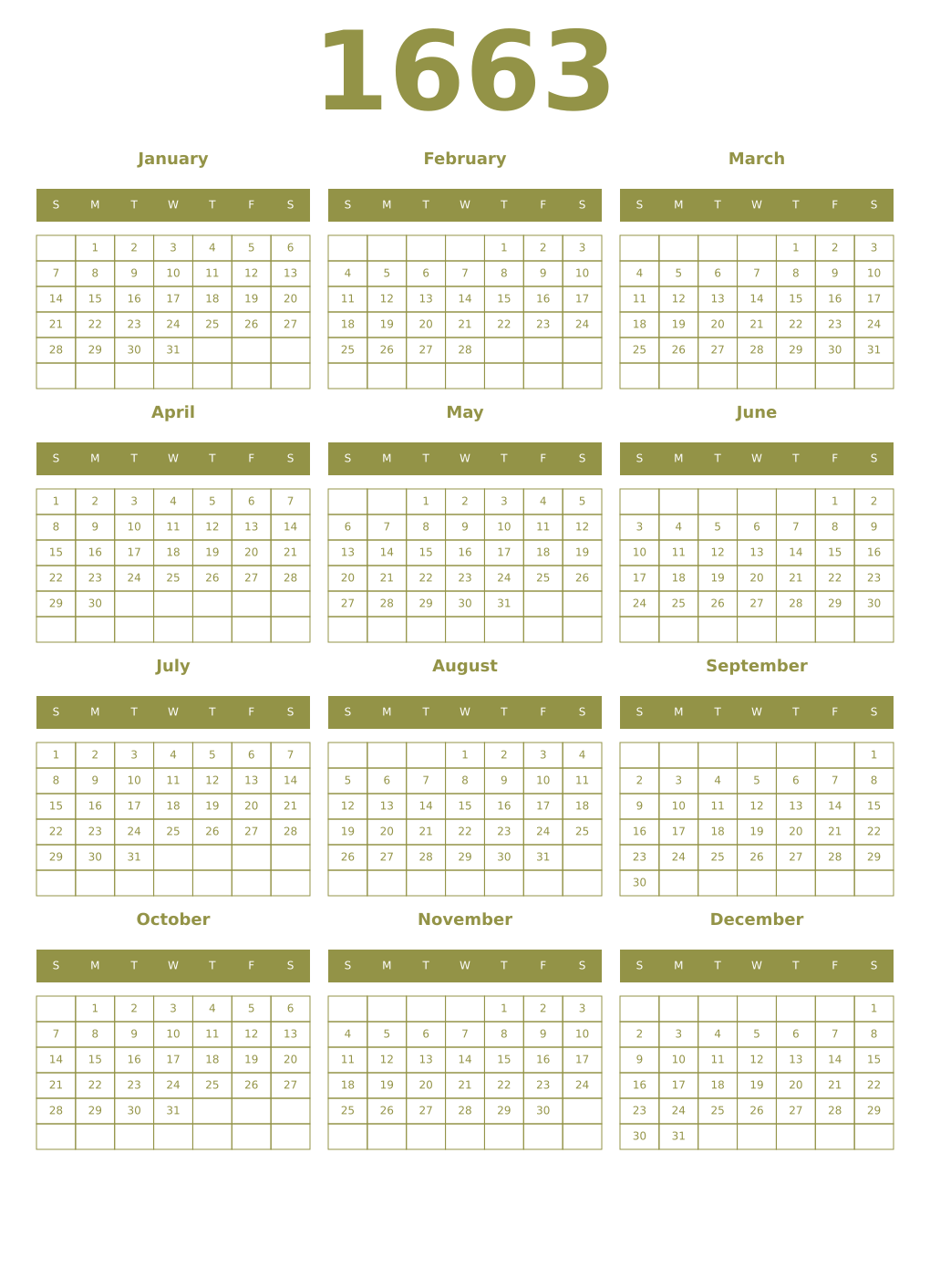 Printable 1663 Year Calendars eburnean