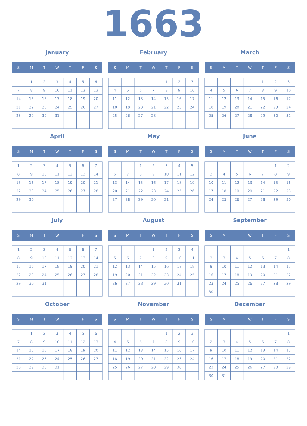 Printable 1663 Year Calendars glaucous