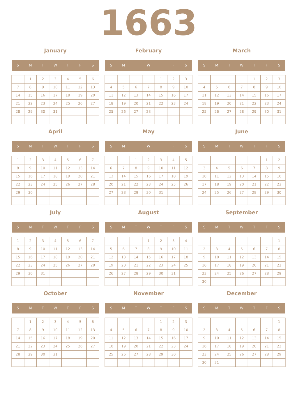 Printable 1663 Year Calendars isabelline