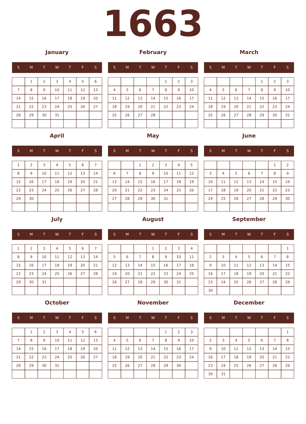 Printable 1663 Year Calendars mortuum