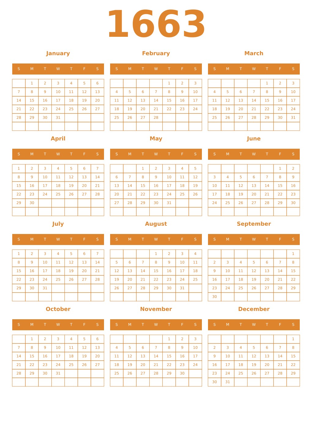Printable 1663 Year Calendars orange