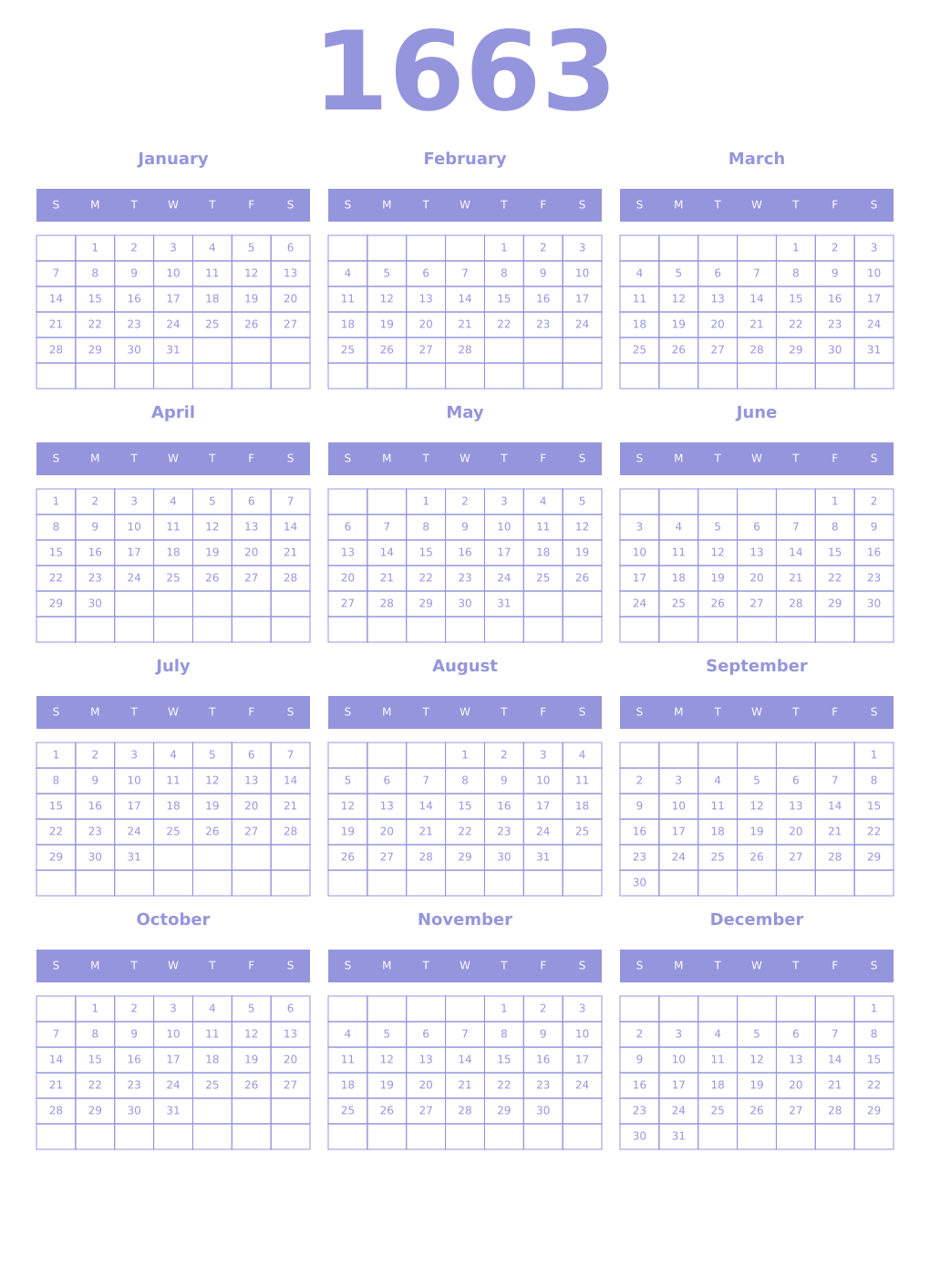Printable 1663 Year Calendars periwinkle
