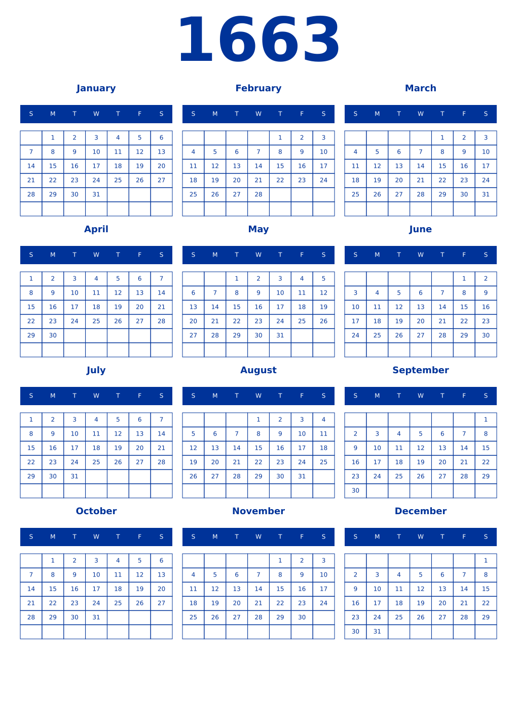 Printable 1663 Year Calendars smalt