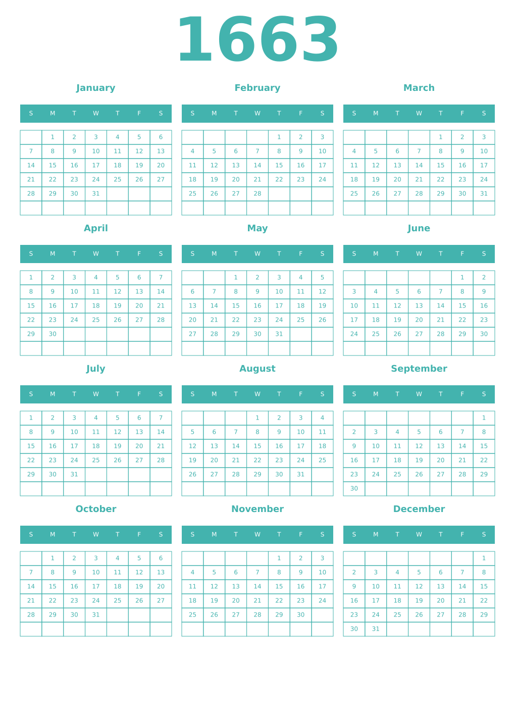 Printable 1663 Year Calendars verdigris