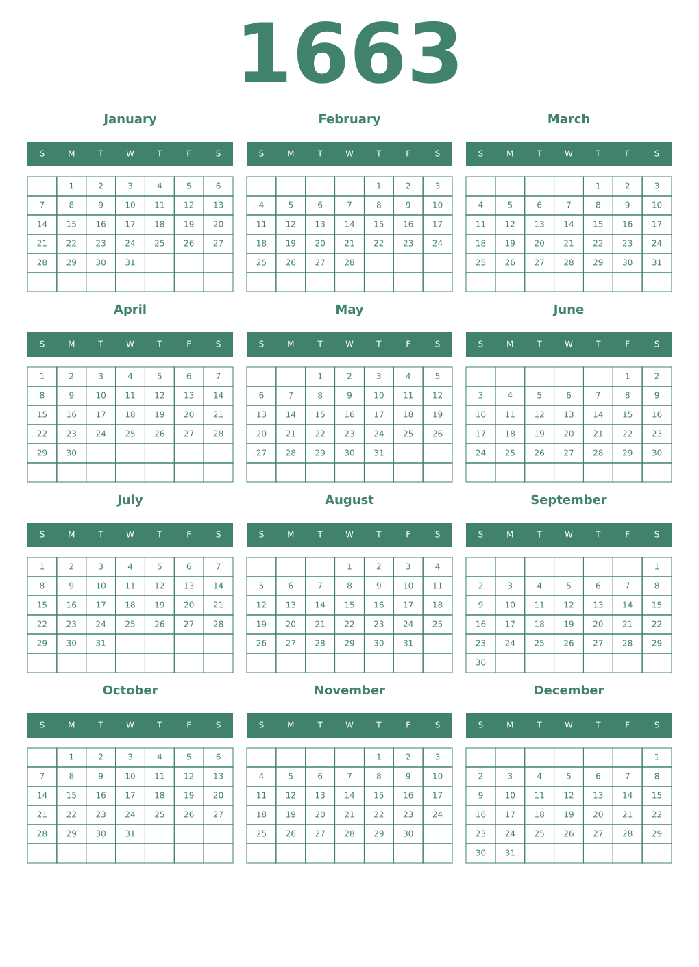 Printable 1663 Year Calendars viridian