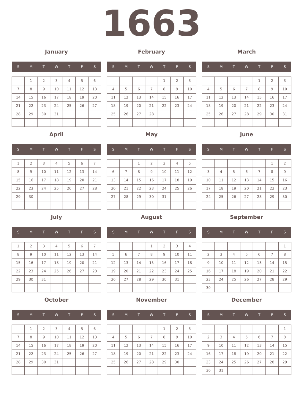 Printable 1663 Year Calendars wenge