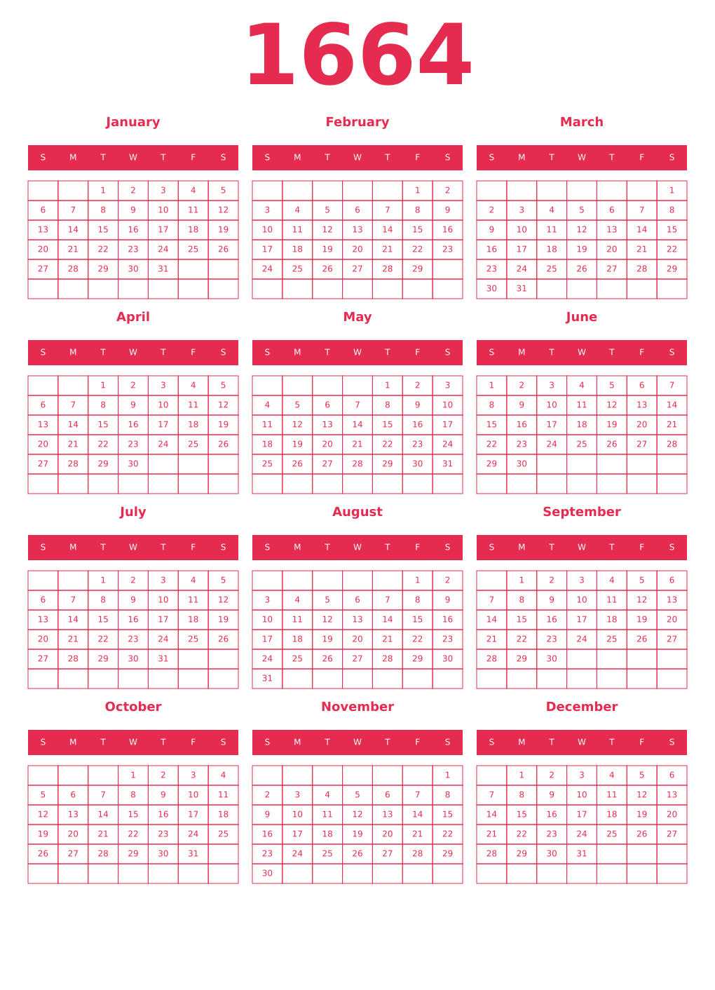 Printable 1664 Year Calendars amaranth