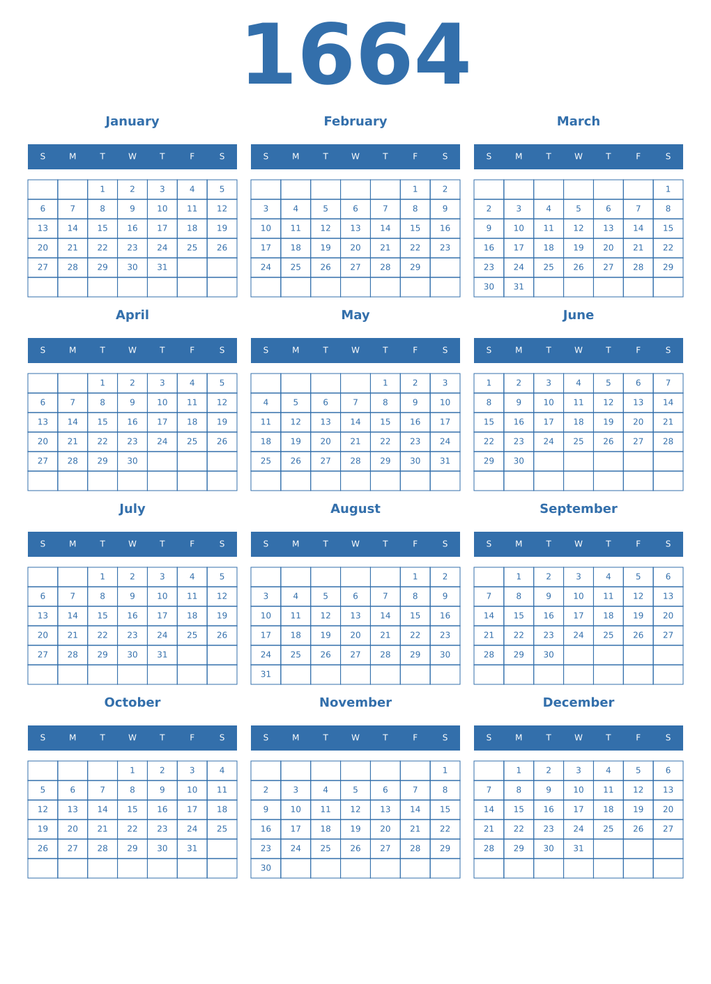 Printable 1664 Year Calendars blue