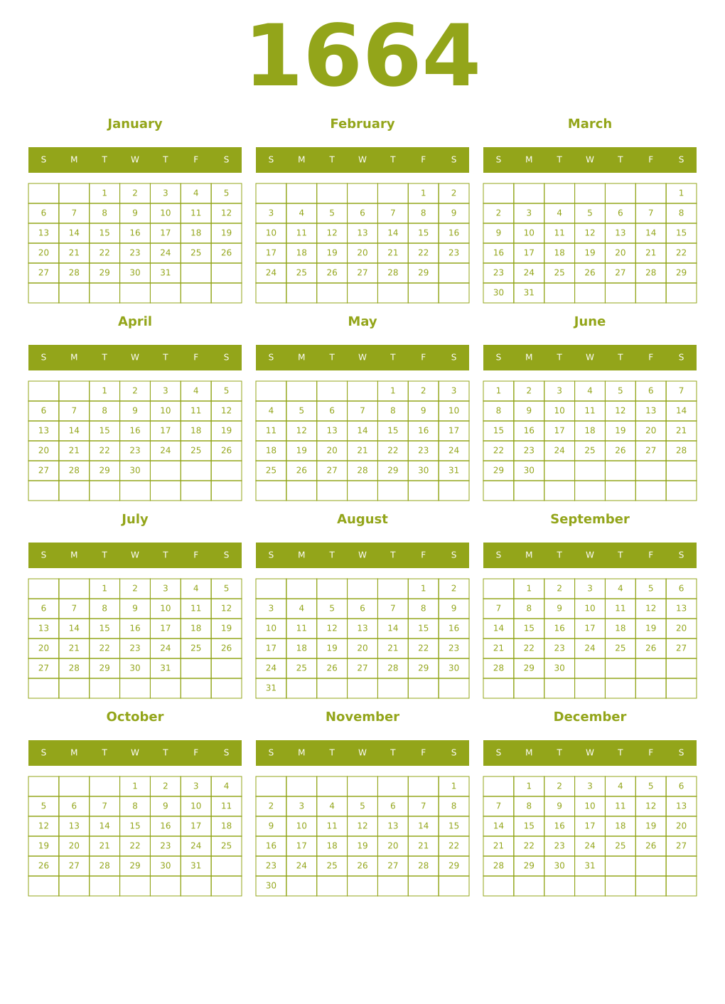 Printable 1664 Year Calendars chartreuse