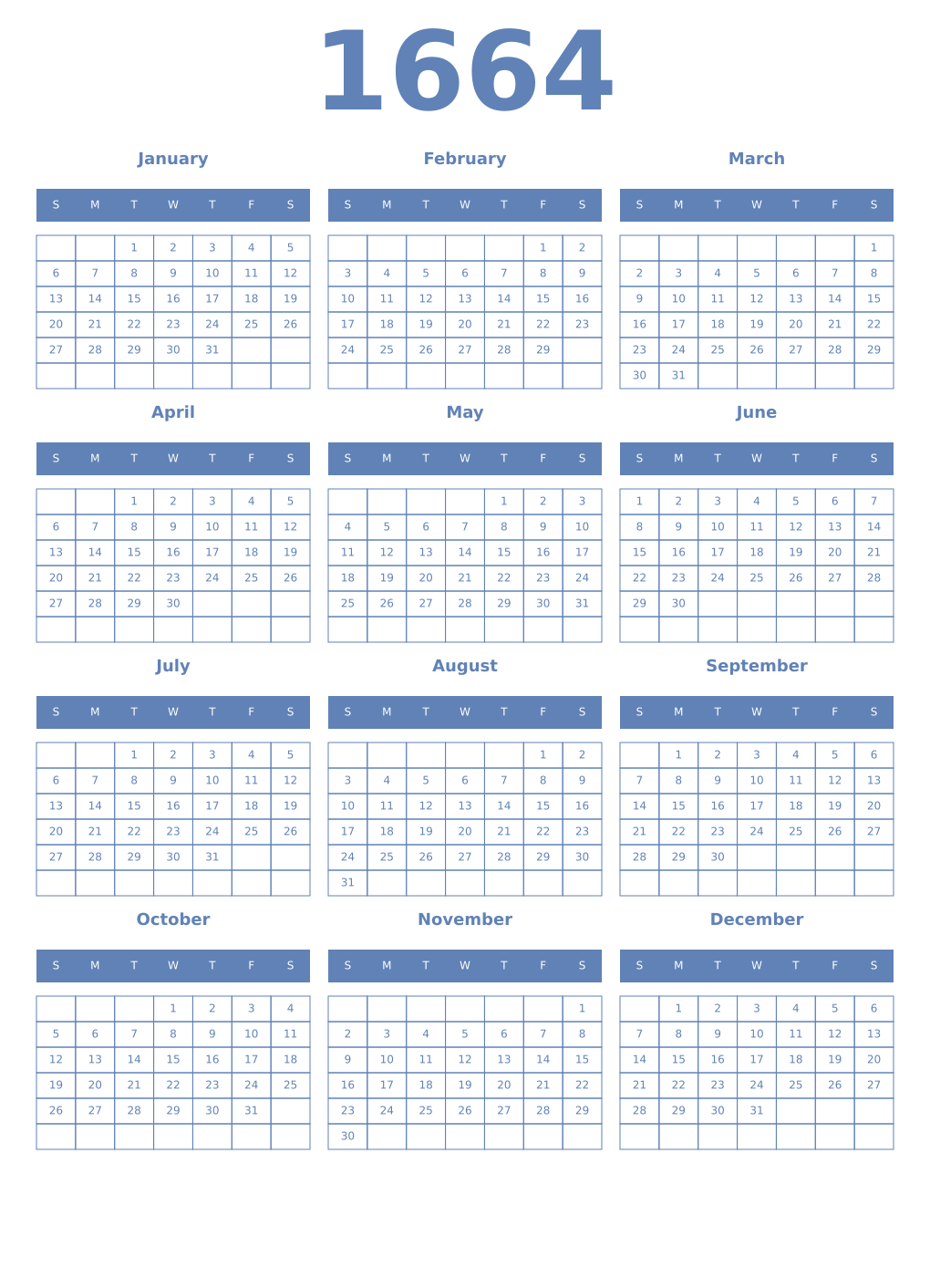 Printable 1664 Year Calendars glaucous
