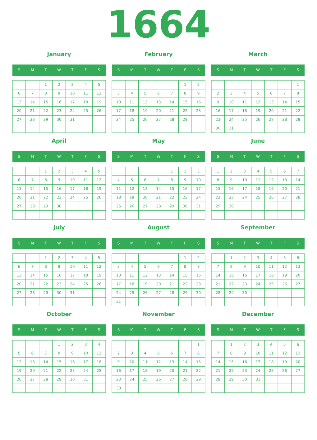 Printable 1664 Year Calendars green
