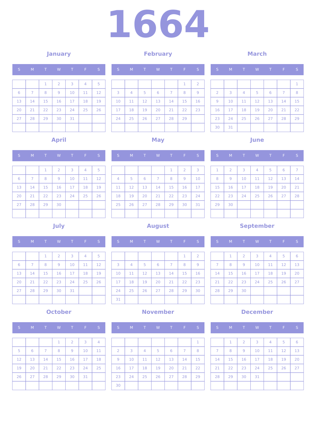 Printable 1664 Year Calendars periwinkle