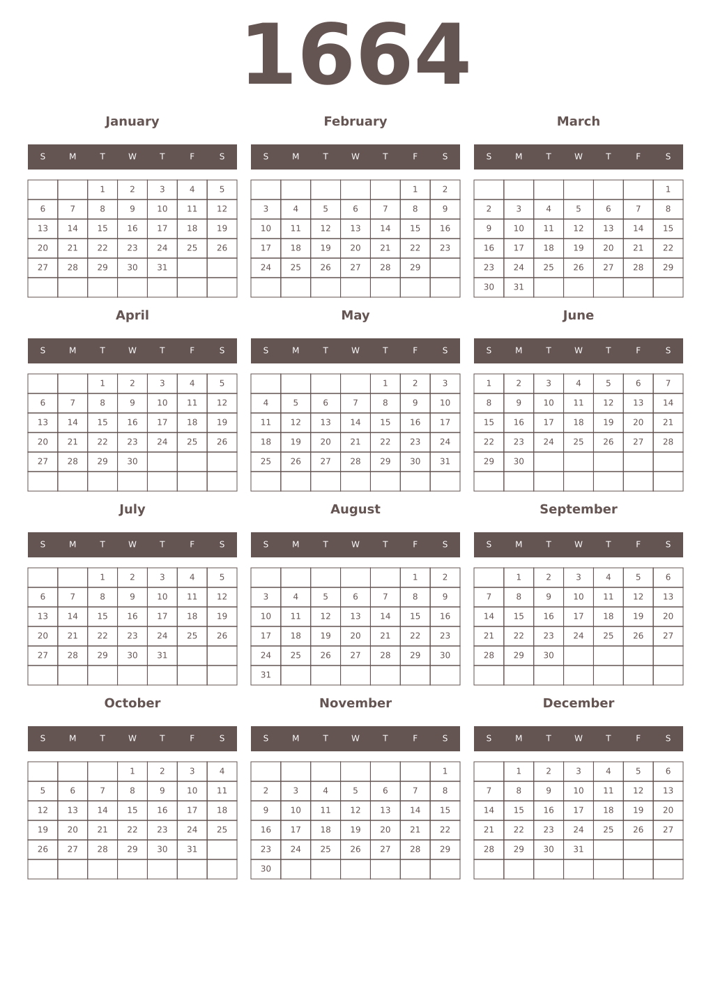Printable 1664 Year Calendars wenge