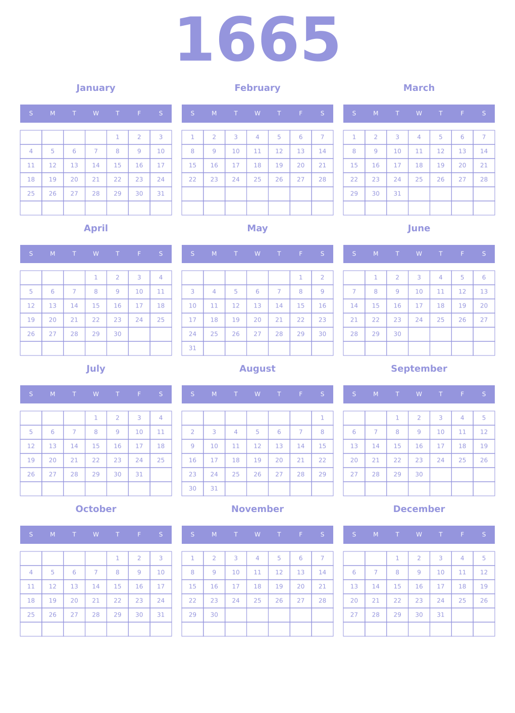 Printable 1665 Year Calendars periwinkle
