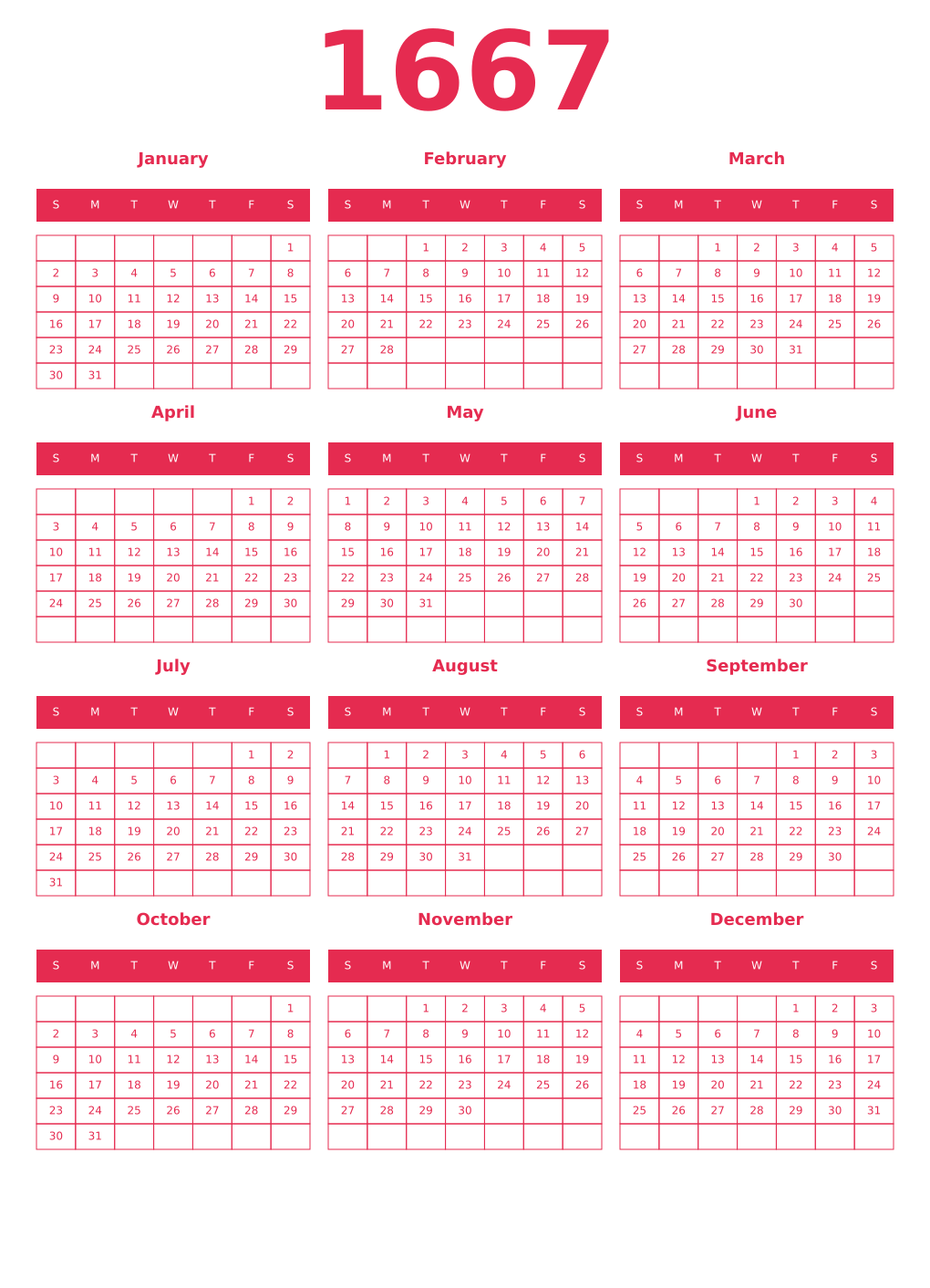 Printable 1667 Year Calendars amaranth