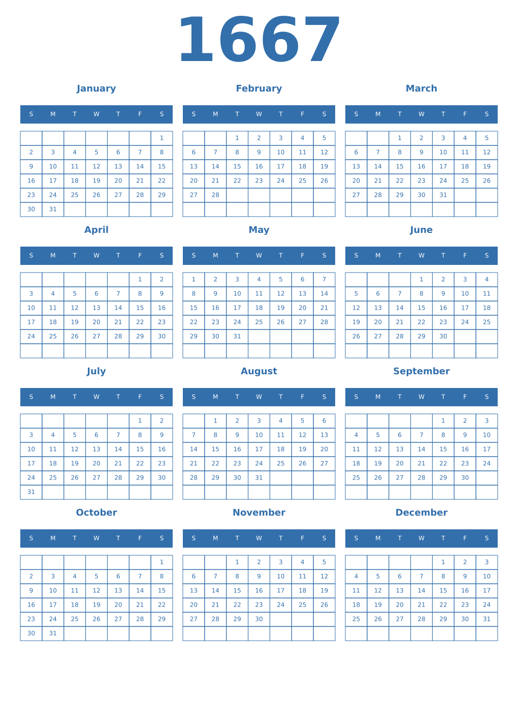 Printable 1667 Year Calendars blue