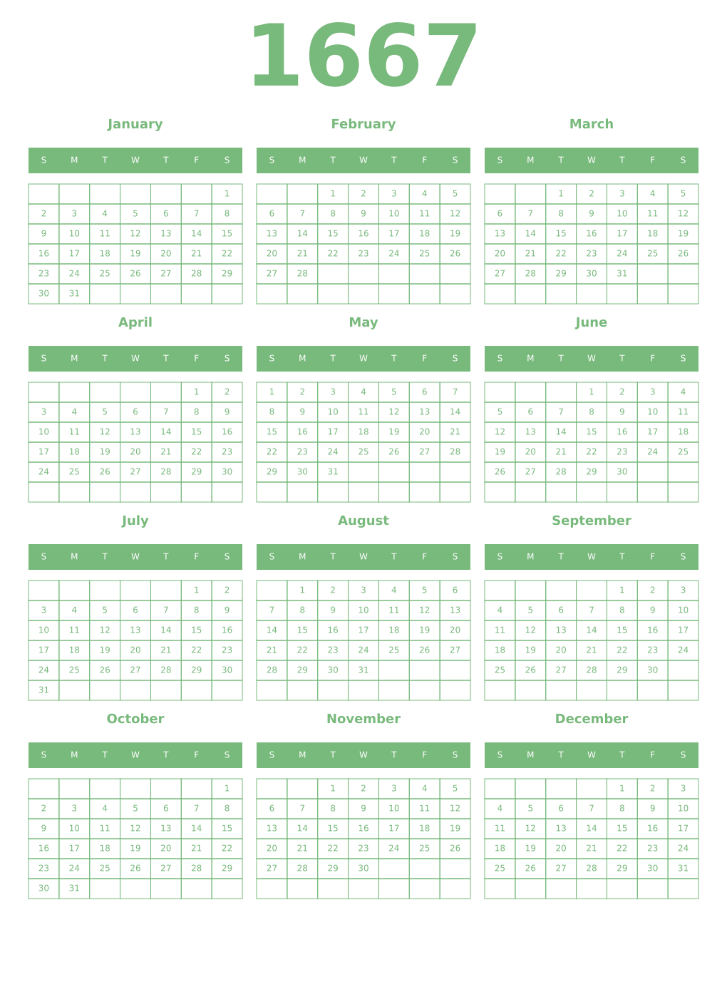 Printable 1667 Year Calendars celadon