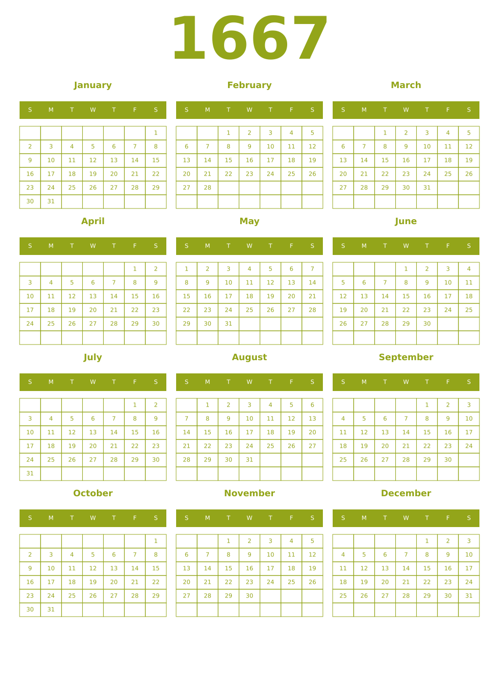 Printable 1667 Year Calendars chartreuse