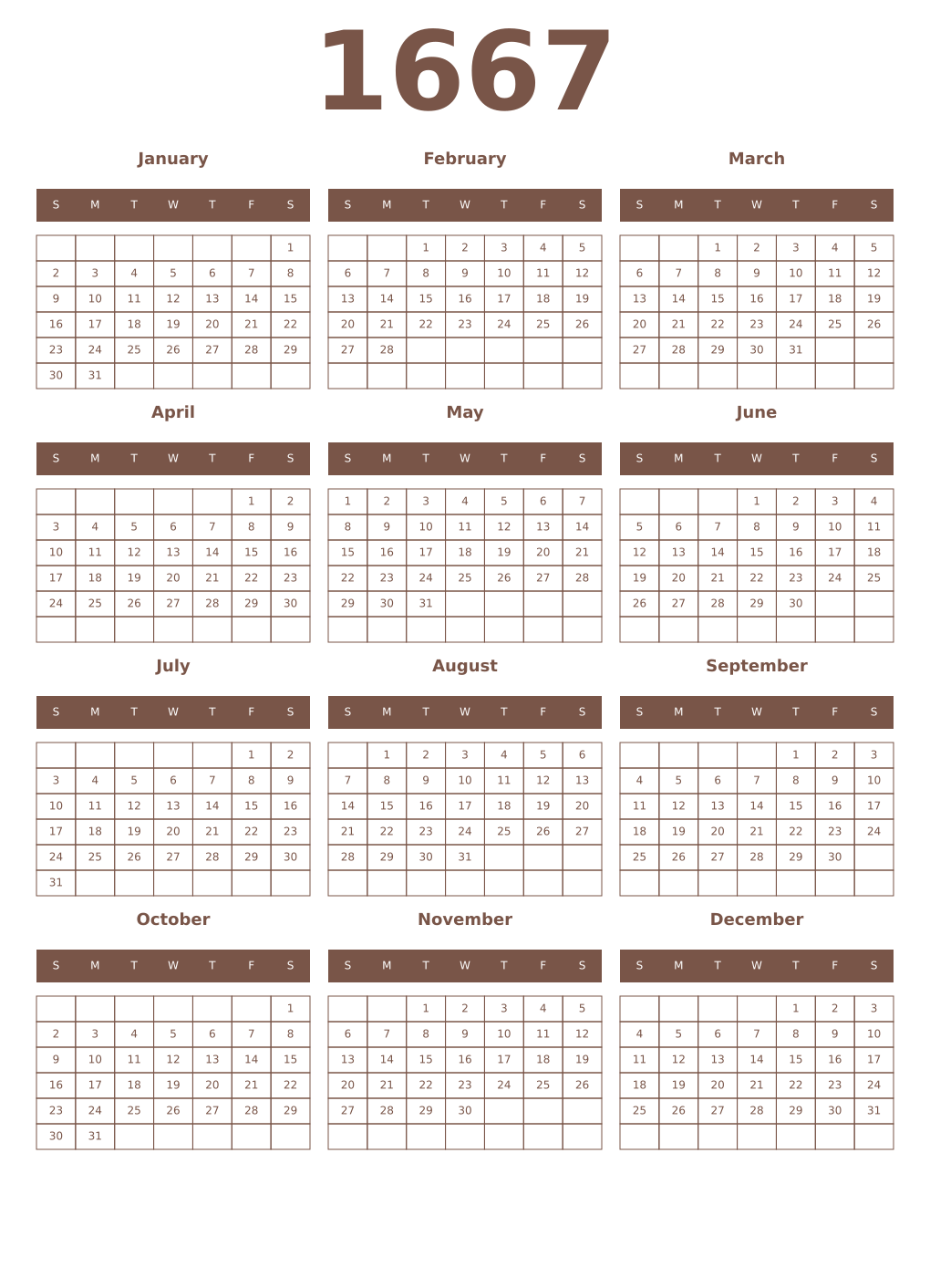 Printable 1667 Year Calendars coffe