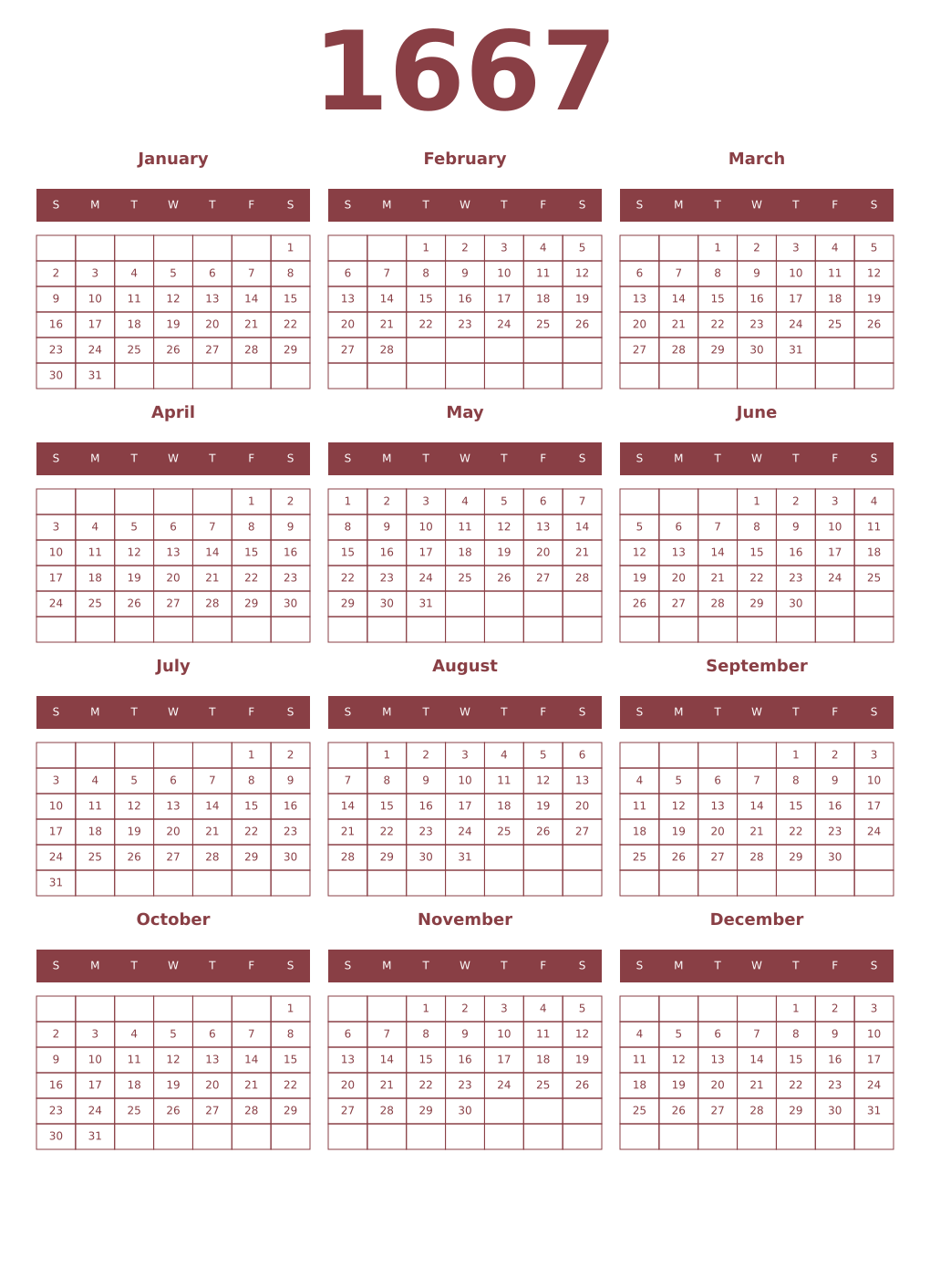 Printable 1667 Year Calendars cordovan
