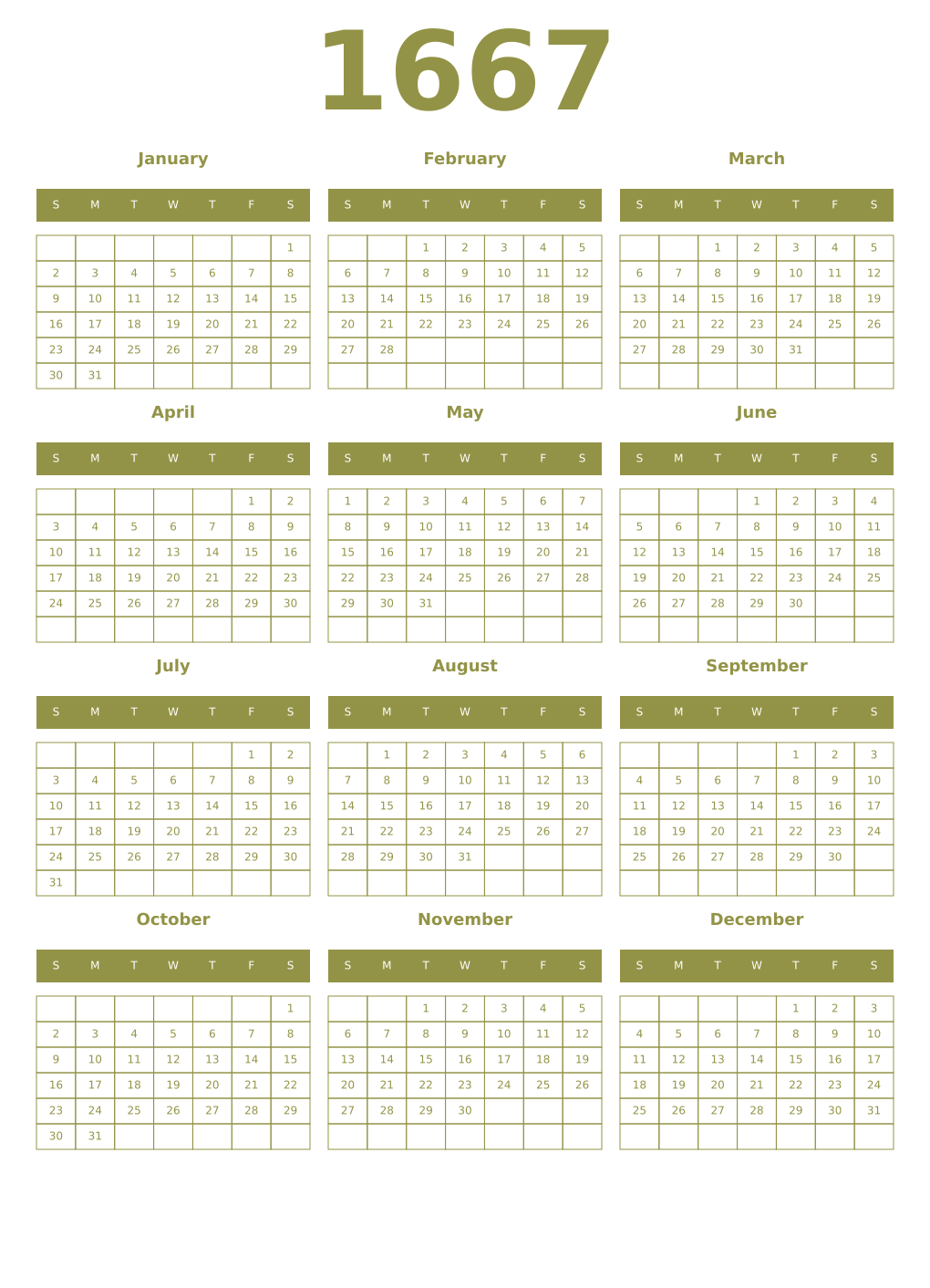 Printable 1667 Year Calendars eburnean