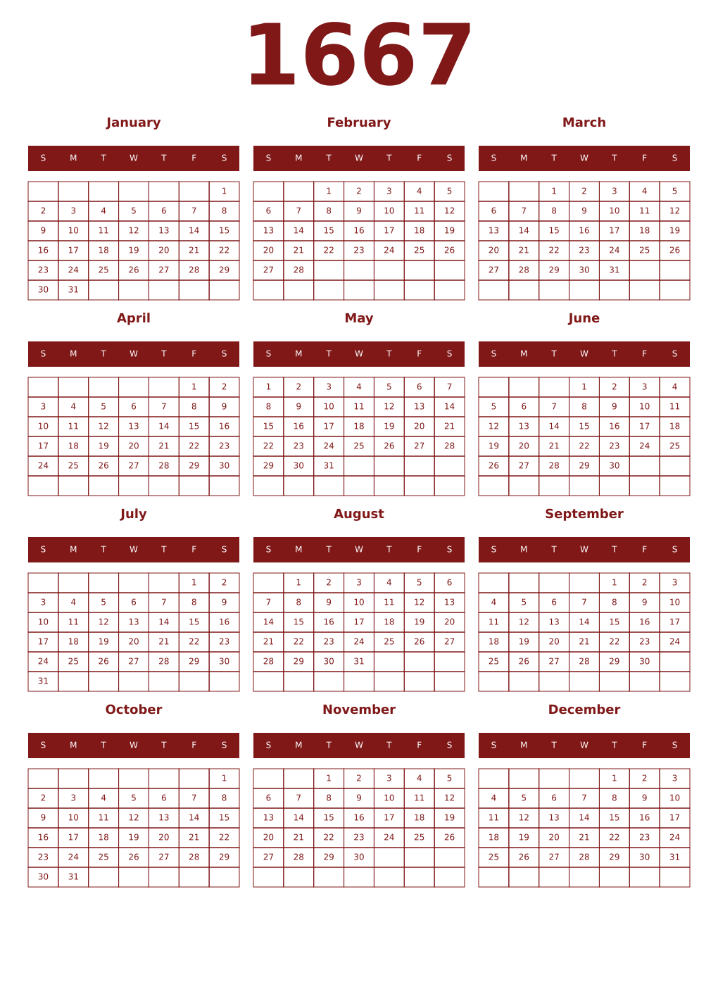 Printable 1667 Year Calendars falu