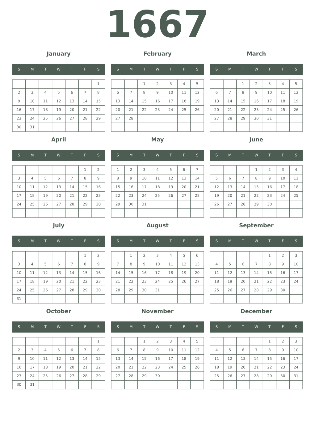 Printable 1667 Year Calendars feldgrau