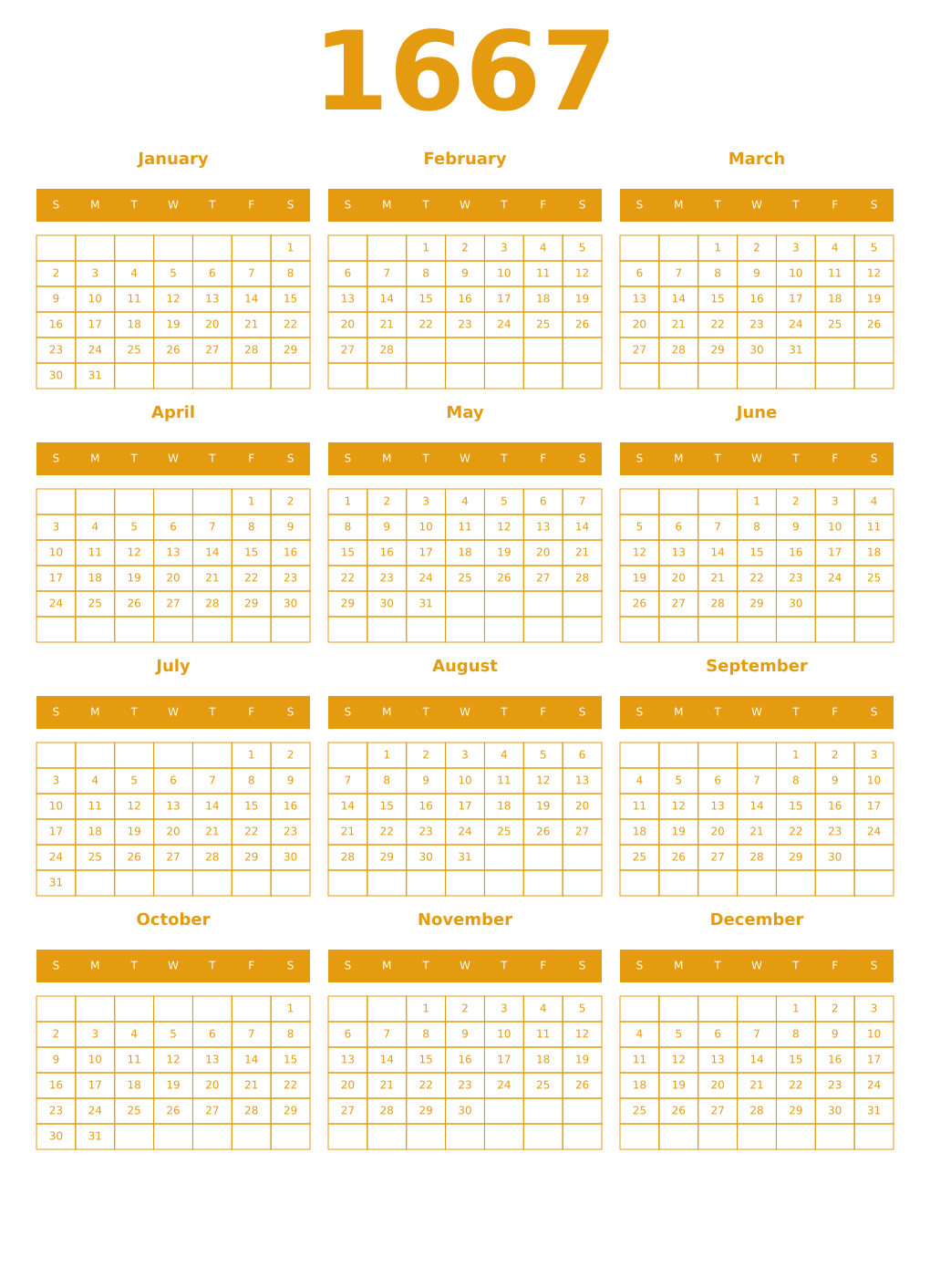 Printable 1667 Year Calendars gamboge