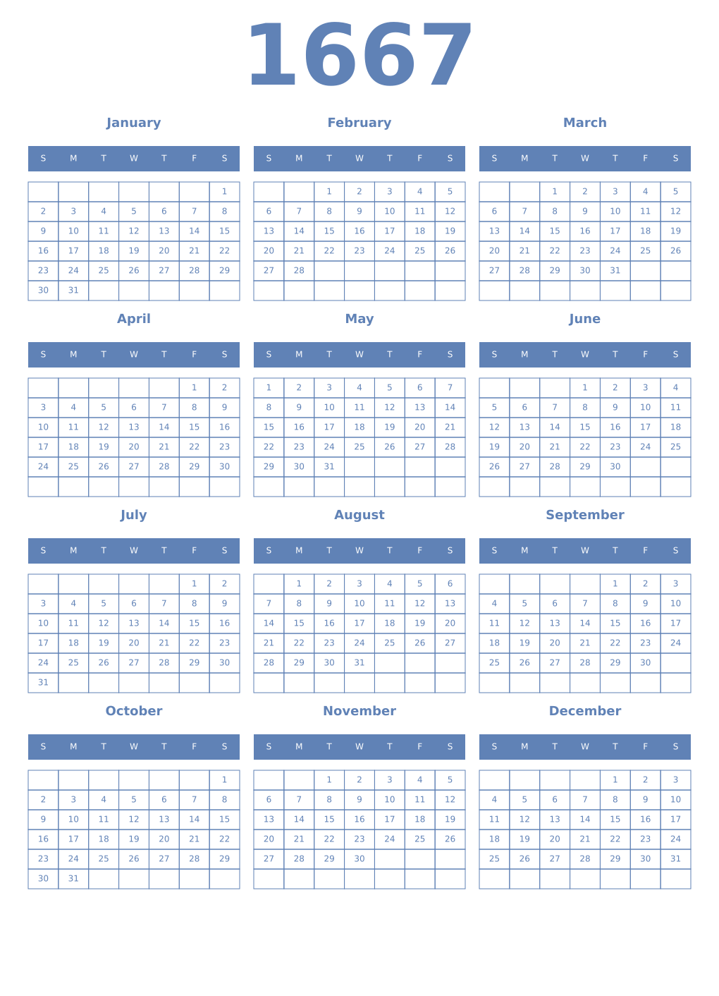 Printable 1667 Year Calendars glaucous