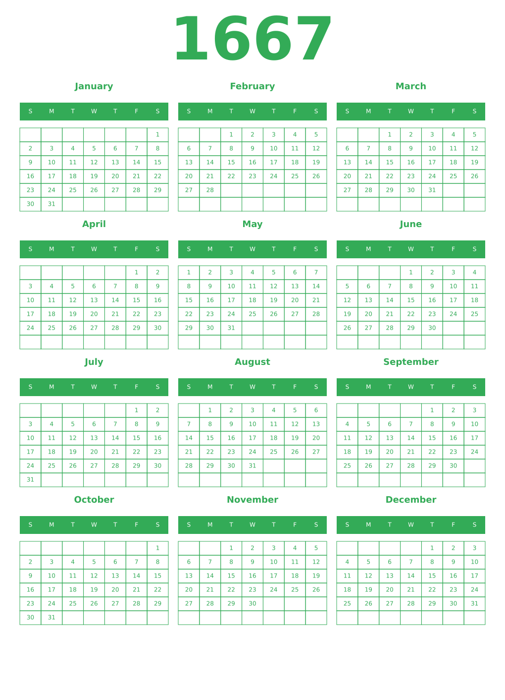 Printable 1667 Year Calendars green