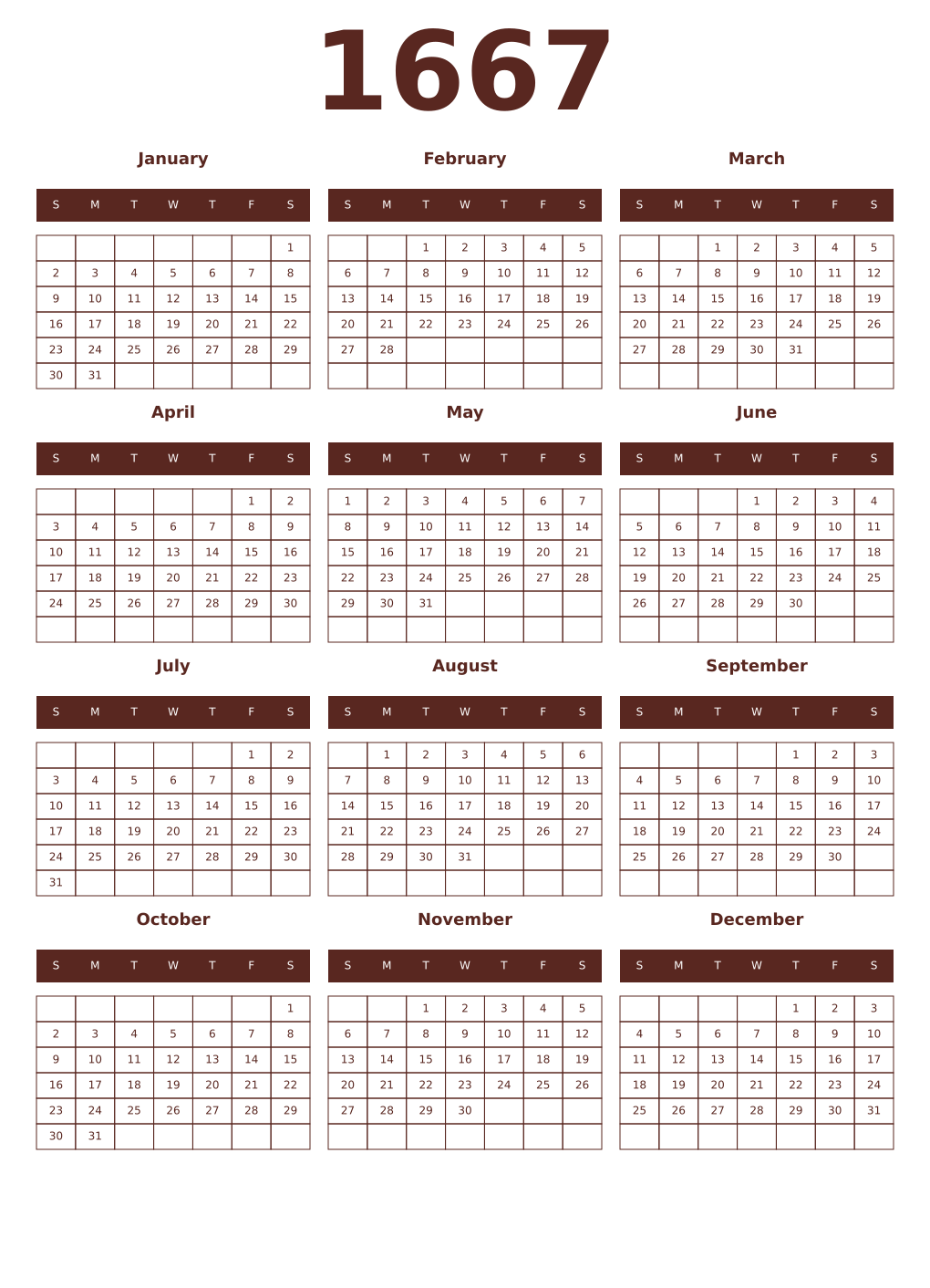 Printable 1667 Year Calendars mortuum