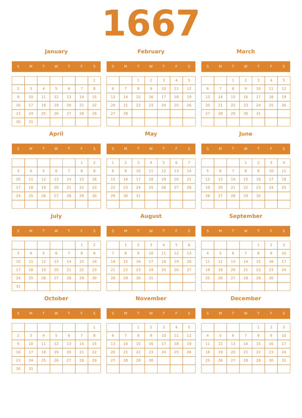 Printable 1667 Year Calendars orange