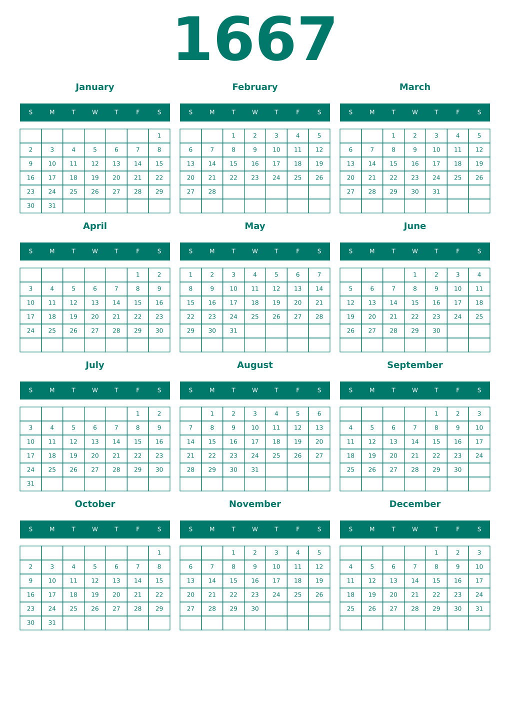 Printable 1667 Year Calendars pastel