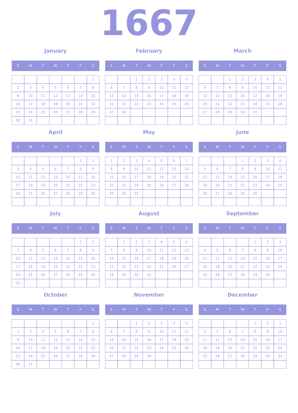 Printable 1667 Year Calendars periwinkle